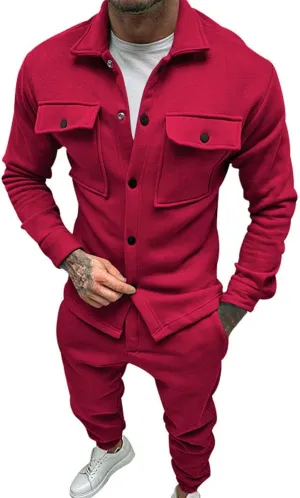 Mens 2 Pieces Shirt Jacket Set Casual Long Sleeve Button Down Shirt Loose Pant Sets Loungewear Streetwear Walking Suits
