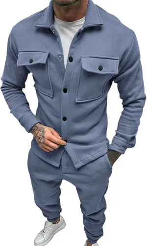 Mens 2 Pieces Shirt Jacket Set Casual Long Sleeve Button Down Shirt Loose Pant Sets Loungewear Streetwear Walking Suits