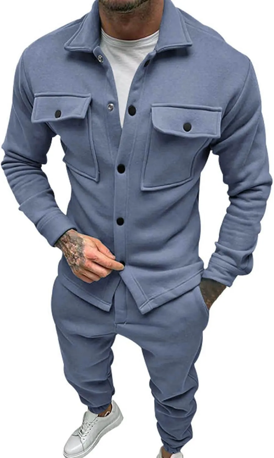 Mens 2 Pieces Shirt Jacket Set Casual Long Sleeve Button Down Shirt Loose Pant Sets Loungewear Streetwear Walking Suits