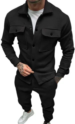 Mens 2 Pieces Shirt Jacket Set Casual Long Sleeve Button Down Shirt Loose Pant Sets Loungewear Streetwear Walking Suits
