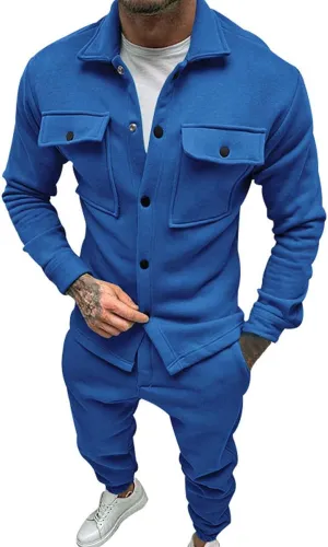 Mens 2 Pieces Shirt Jacket Set Casual Long Sleeve Button Down Shirt Loose Pant Sets Loungewear Streetwear Walking Suits