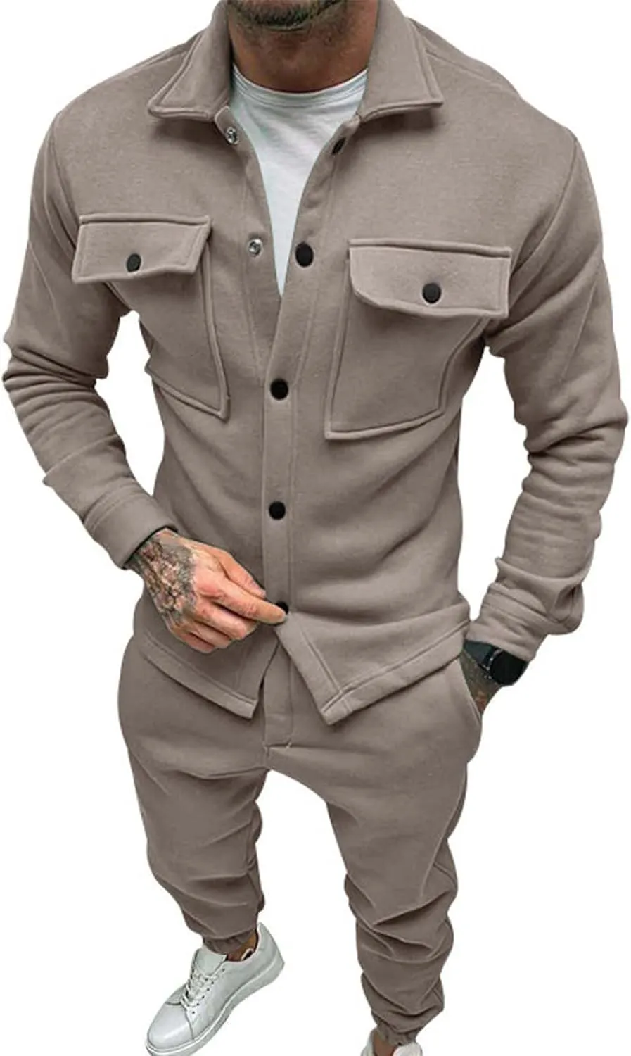 Mens 2 Pieces Shirt Jacket Set Casual Long Sleeve Button Down Shirt Loose Pant Sets Loungewear Streetwear Walking Suits