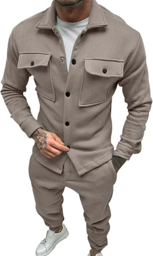 Mens 2 Pieces Shirt Jacket Set Casual Long Sleeve Button Down Shirt Loose Pant Sets Loungewear Streetwear Walking Suits