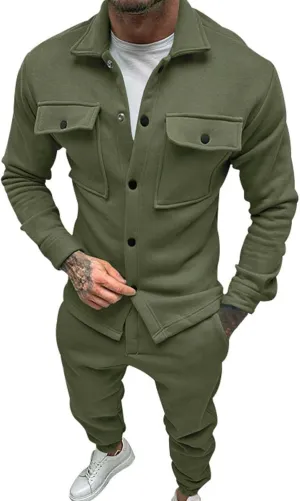 Mens 2 Pieces Shirt Jacket Set Casual Long Sleeve Button Down Shirt Loose Pant Sets Loungewear Streetwear Walking Suits