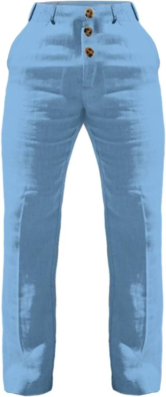 Mens 2024 Cotton Linen Pants Casual Button Down Lounge Trousers Loose Fit Beach Yoga Pants Summer Yoga Beach Long Pants