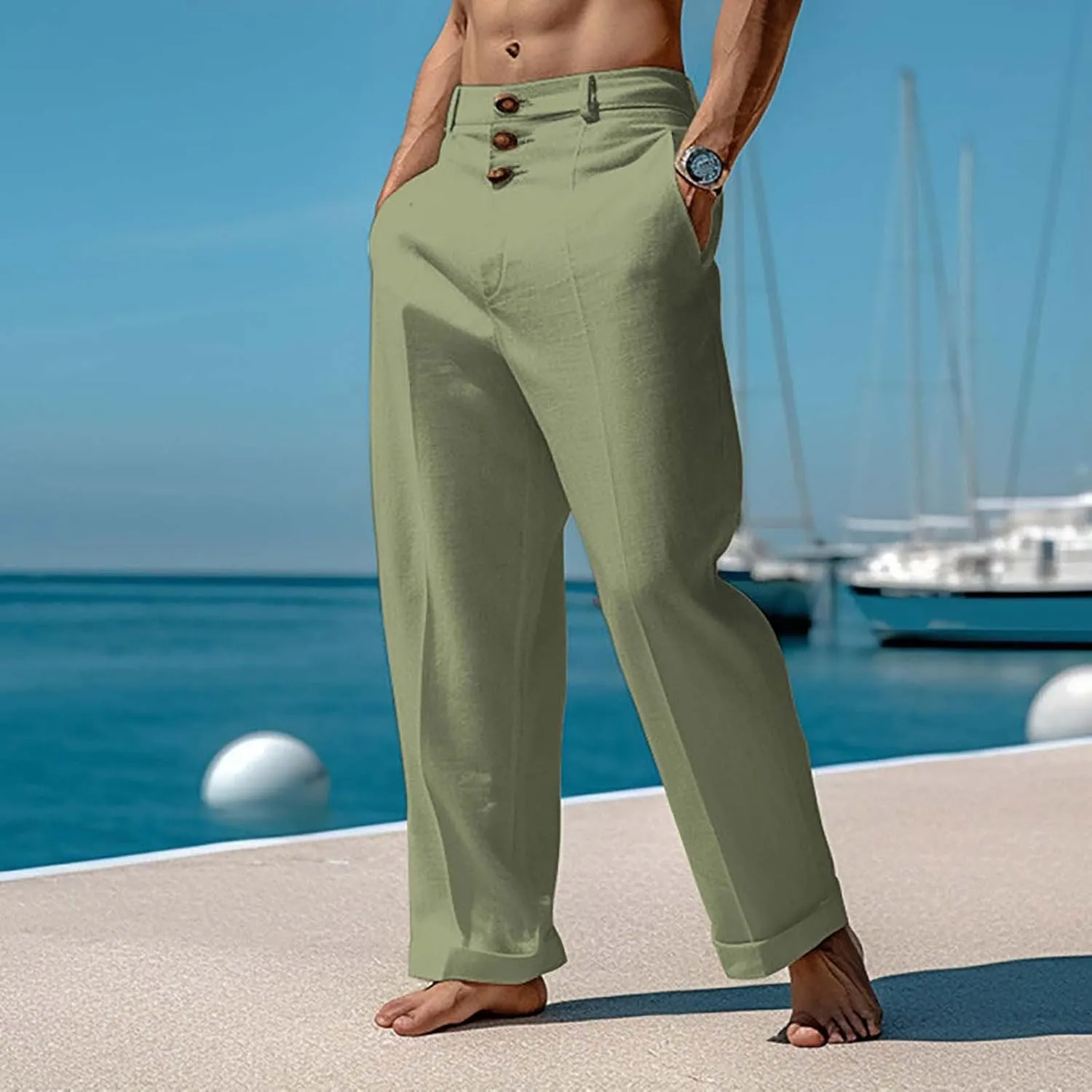 Mens 2024 Cotton Linen Pants Casual Button Down Lounge Trousers Loose Fit Beach Yoga Pants Summer Yoga Beach Long Pants
