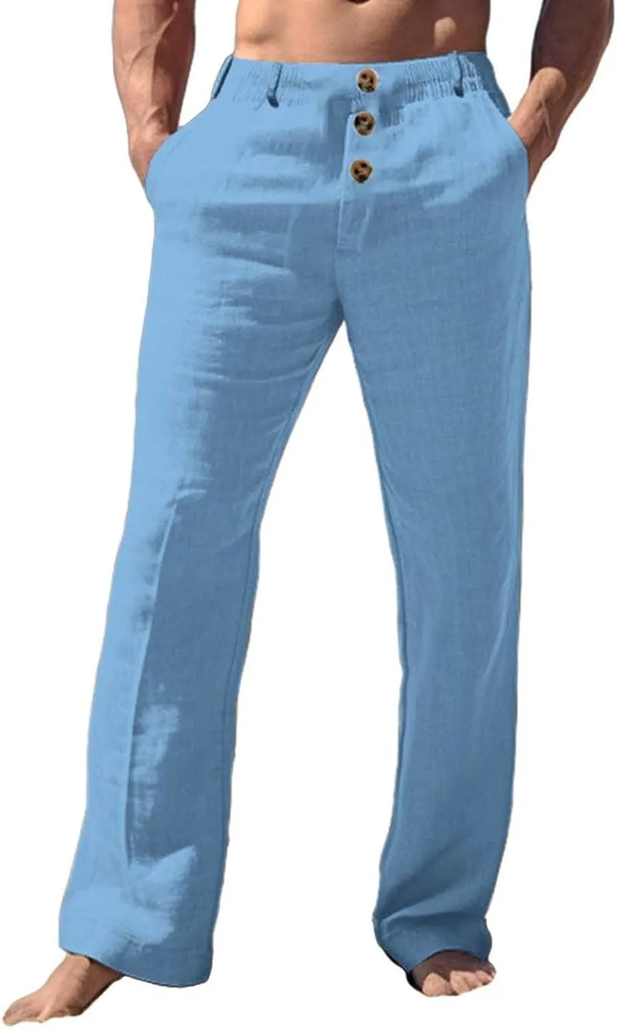 Mens 2024 Cotton Linen Pants Casual Button Down Lounge Trousers Loose Fit Beach Yoga Pants Summer Yoga Beach Long Pants