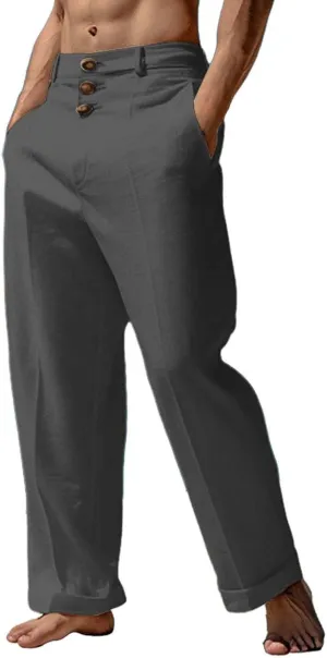 Mens 2024 Cotton Linen Pants Casual Button Down Lounge Trousers Loose Fit Beach Yoga Pants Summer Yoga Beach Long Pants