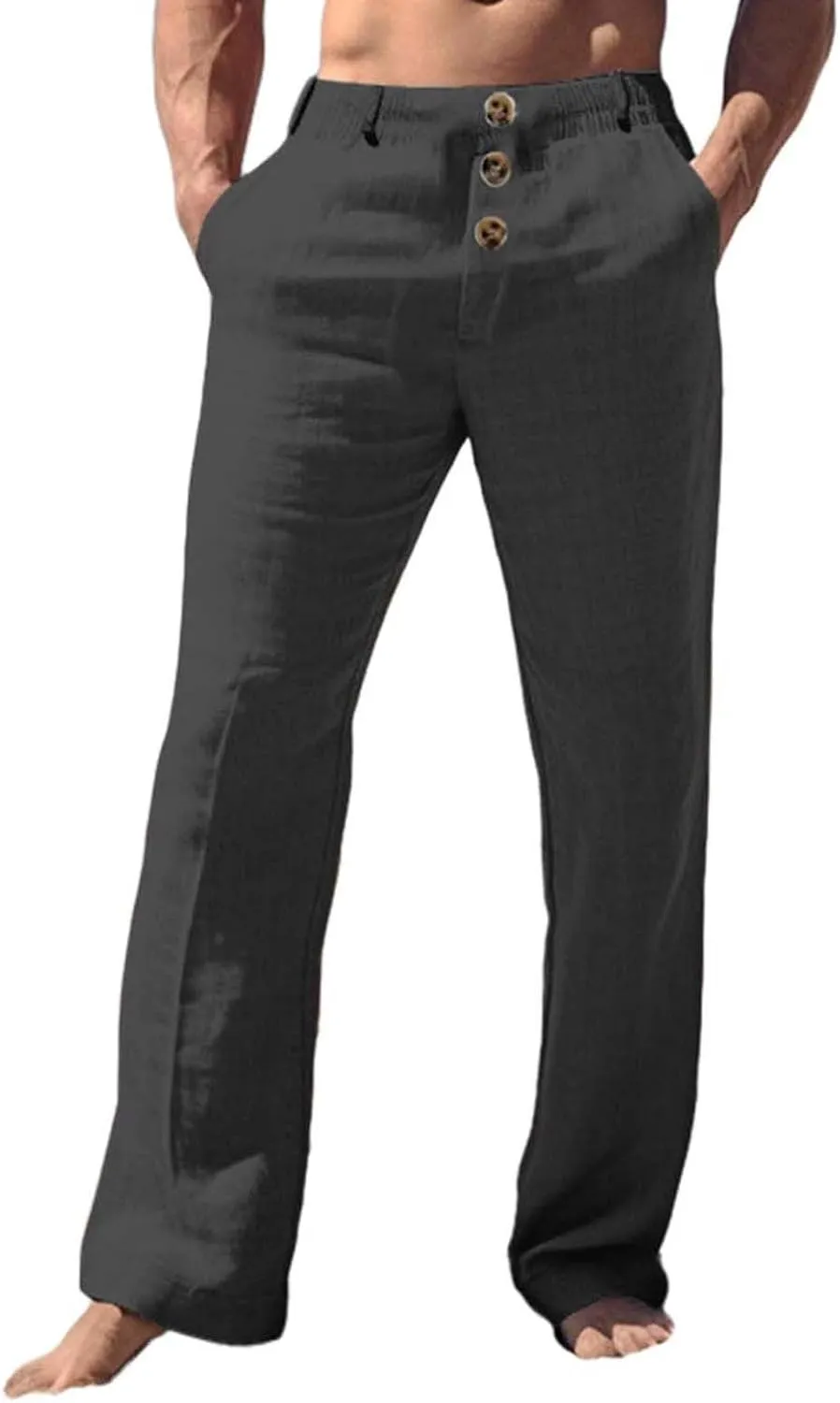 Mens 2024 Cotton Linen Pants Casual Button Down Lounge Trousers Loose Fit Beach Yoga Pants Summer Yoga Beach Long Pants