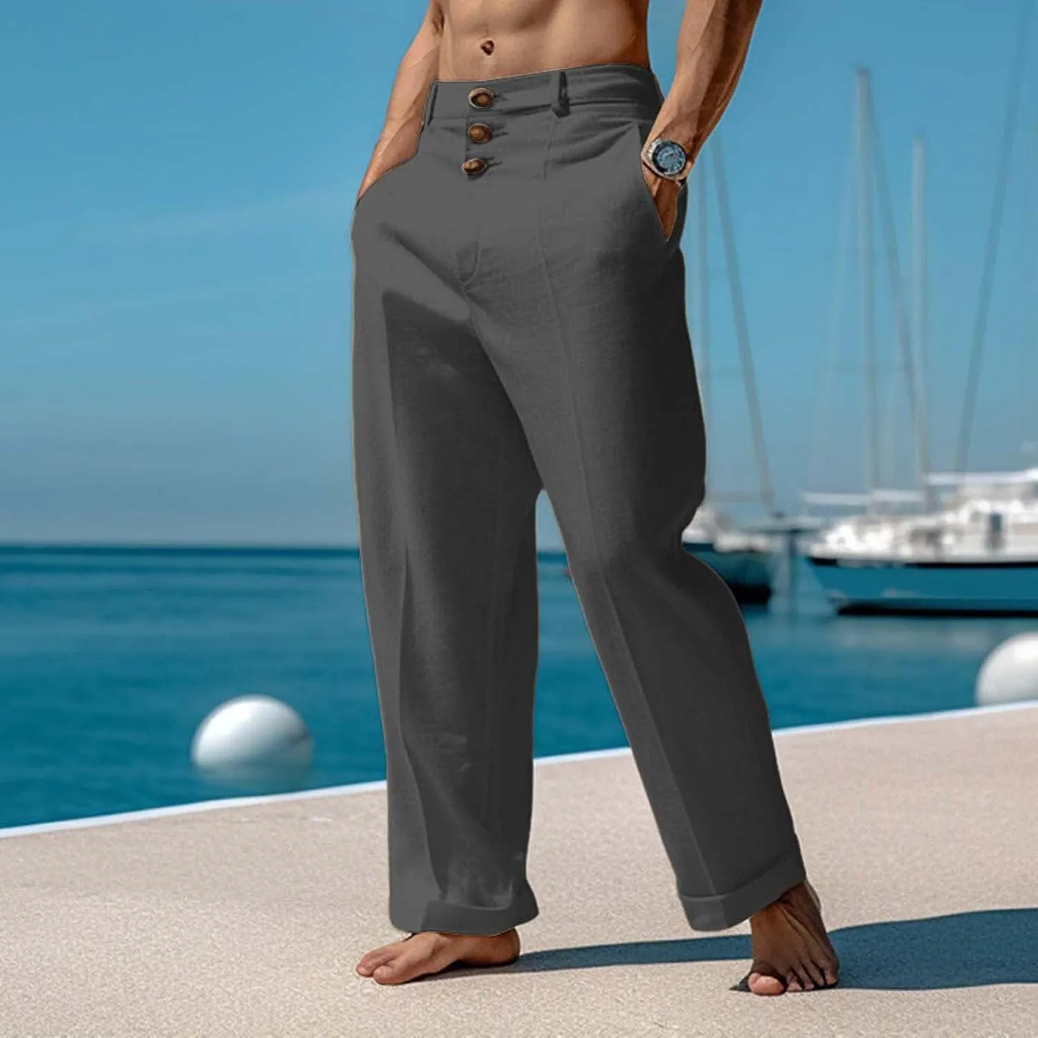 Mens 2024 Cotton Linen Pants Casual Button Down Lounge Trousers Loose Fit Beach Yoga Pants Summer Yoga Beach Long Pants