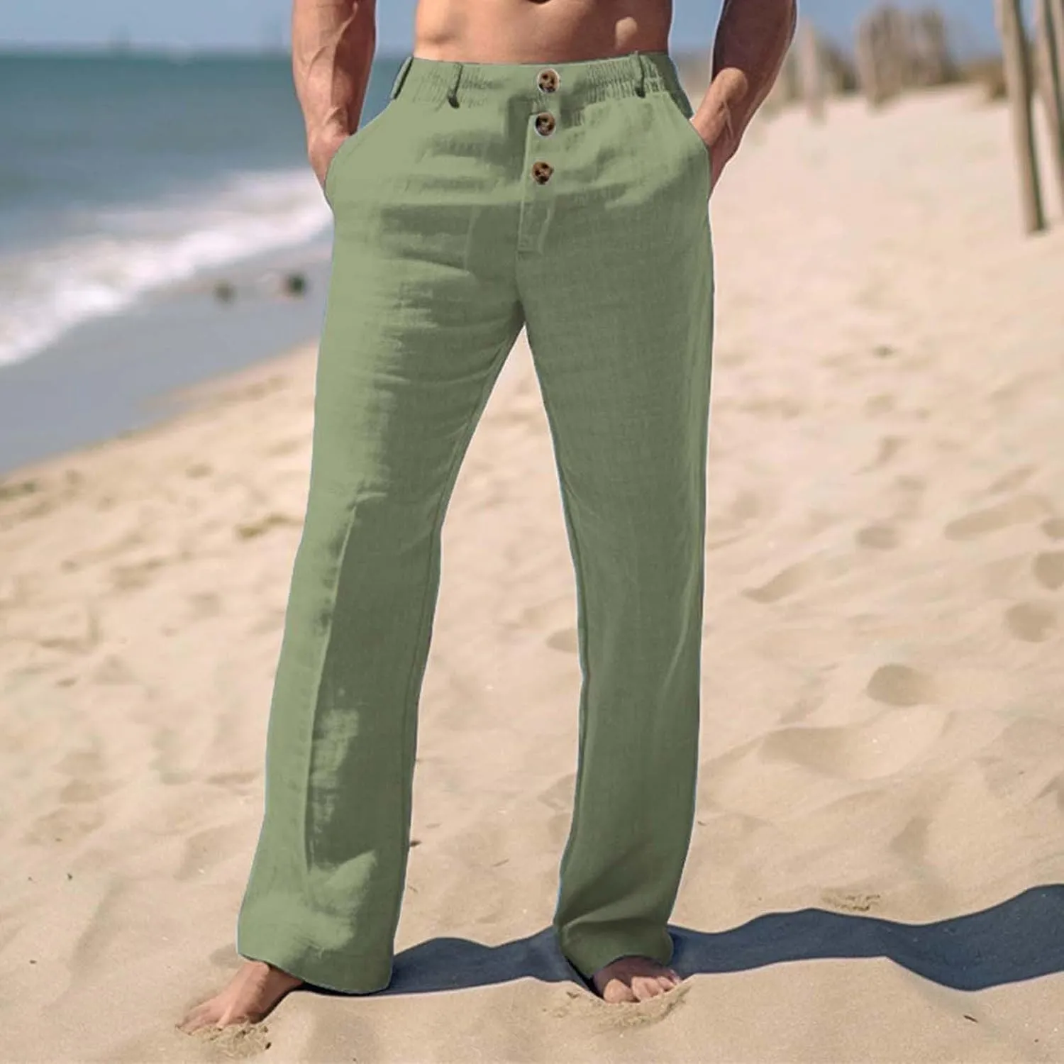 Mens 2024 Cotton Linen Pants Casual Button Down Lounge Trousers Loose Fit Beach Yoga Pants Summer Yoga Beach Long Pants