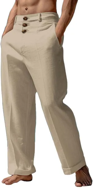 Mens 2024 Cotton Linen Pants Casual Button Down Lounge Trousers Loose Fit Beach Yoga Pants Summer Yoga Beach Long Pants