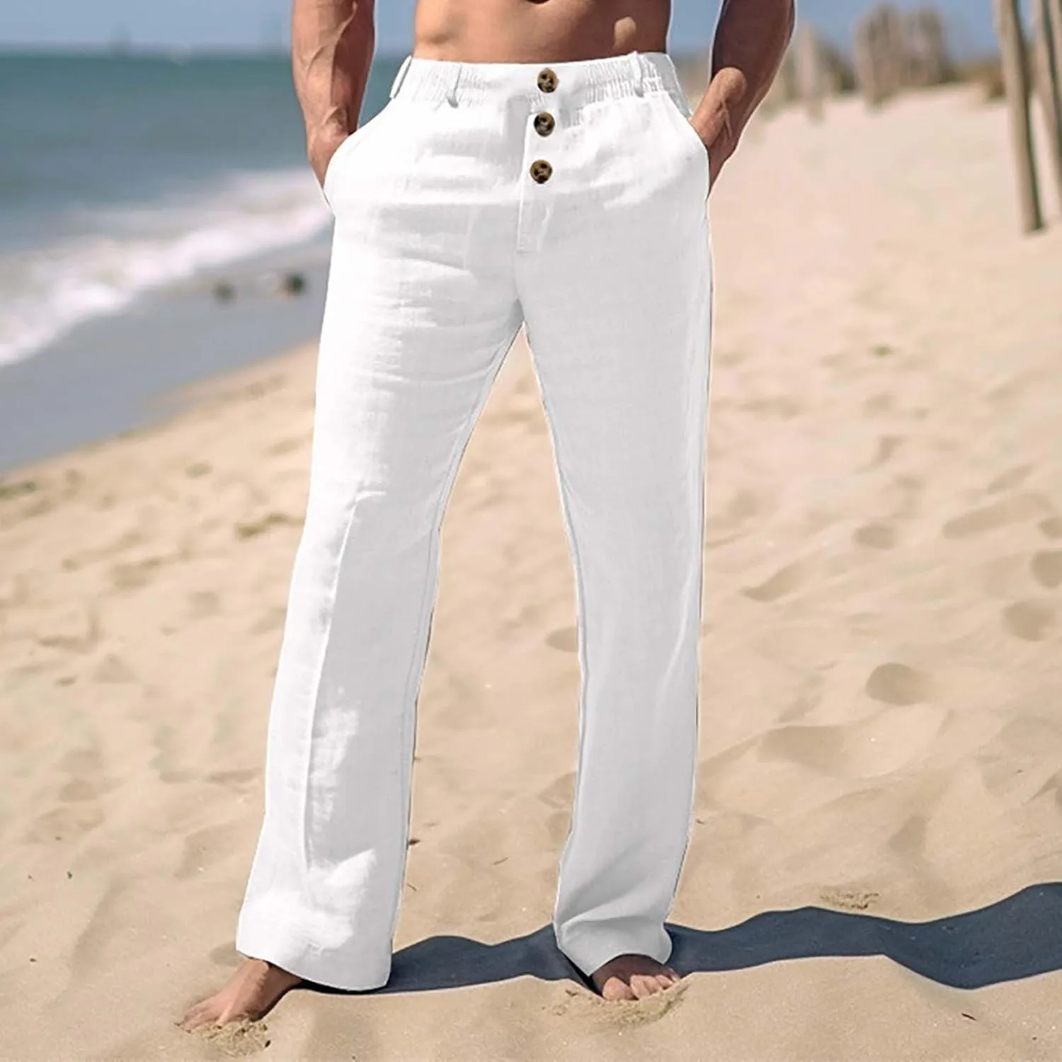Mens 2024 Cotton Linen Pants Casual Button Down Lounge Trousers Loose Fit Beach Yoga Pants Summer Yoga Beach Long Pants