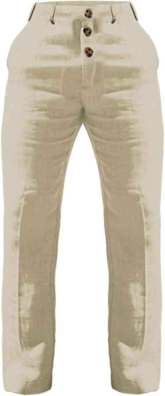Mens 2024 Cotton Linen Pants Casual Button Down Lounge Trousers Loose Fit Beach Yoga Pants Summer Yoga Beach Long Pants