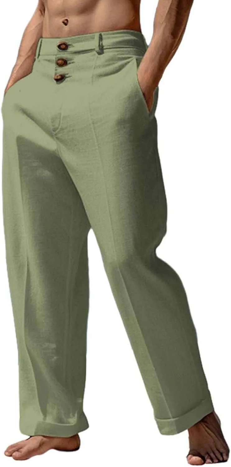 Mens 2024 Cotton Linen Pants Casual Button Down Lounge Trousers Loose Fit Beach Yoga Pants Summer Yoga Beach Long Pants