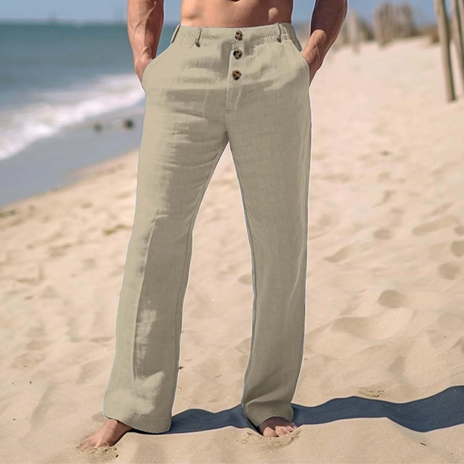 Mens 2024 Cotton Linen Pants Casual Button Down Lounge Trousers Loose Fit Beach Yoga Pants Summer Yoga Beach Long Pants