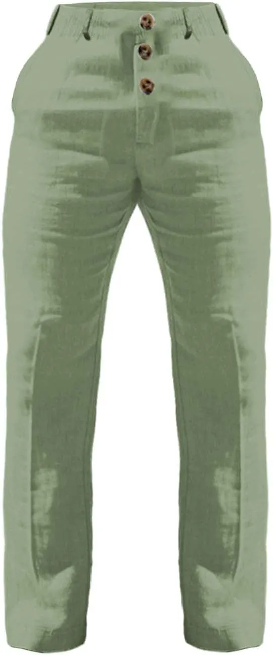 Mens 2024 Cotton Linen Pants Casual Button Down Lounge Trousers Loose Fit Beach Yoga Pants Summer Yoga Beach Long Pants