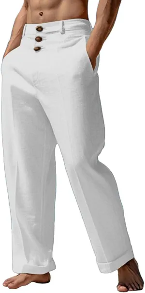 Mens 2024 Cotton Linen Pants Casual Button Down Lounge Trousers Loose Fit Beach Yoga Pants Summer Yoga Beach Long Pants
