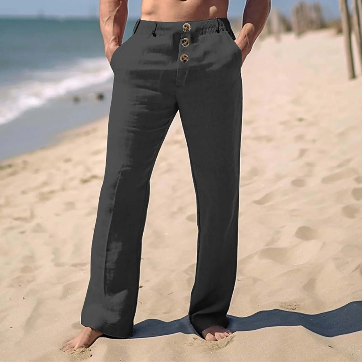 Mens 2024 Cotton Linen Pants Casual Button Down Lounge Trousers Loose Fit Beach Yoga Pants Summer Yoga Beach Long Pants