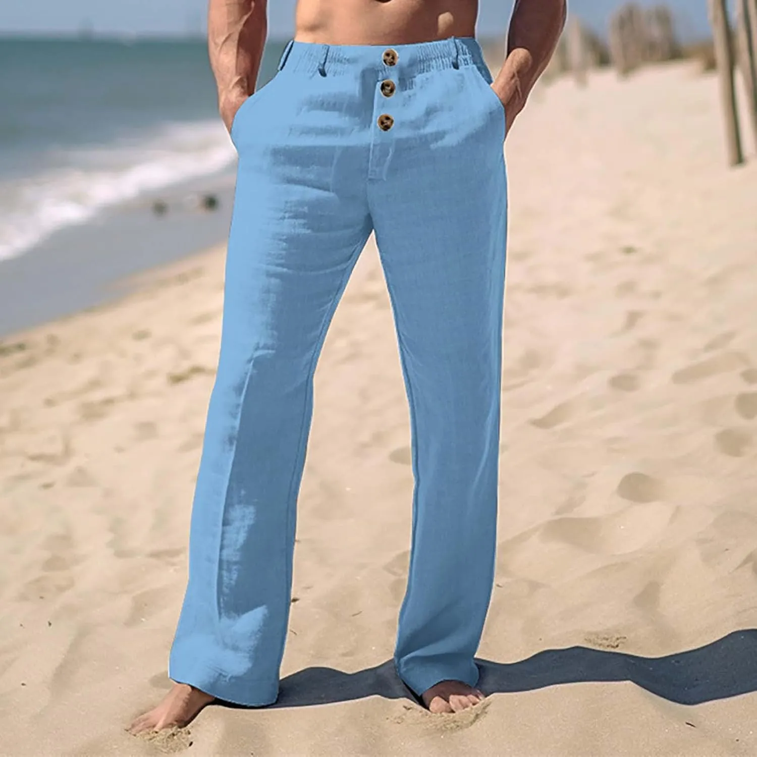 Mens 2024 Cotton Linen Pants Casual Button Down Lounge Trousers Loose Fit Beach Yoga Pants Summer Yoga Beach Long Pants