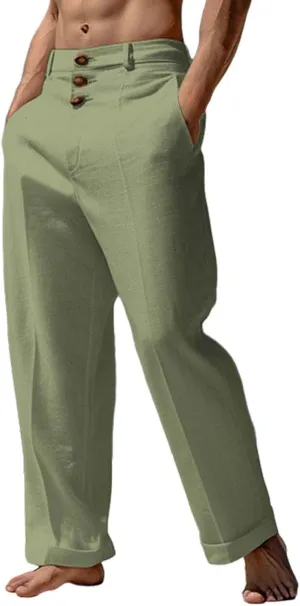 Mens 2024 Cotton Linen Pants Casual Button Down Lounge Trousers Loose Fit Beach Yoga Pants Summer Yoga Beach Long Pants