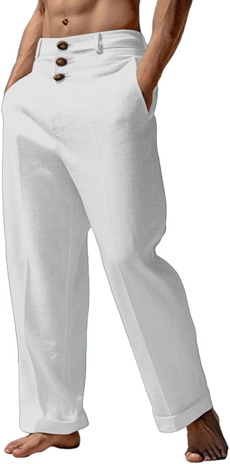 Mens 2024 Cotton Linen Pants Casual Button Down Lounge Trousers Loose Fit Beach Yoga Pants Summer Yoga Beach Long Pants