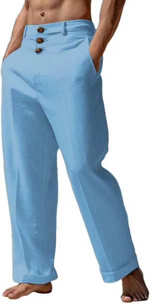Mens 2024 Cotton Linen Pants Casual Button Down Lounge Trousers Loose Fit Beach Yoga Pants Summer Yoga Beach Long Pants