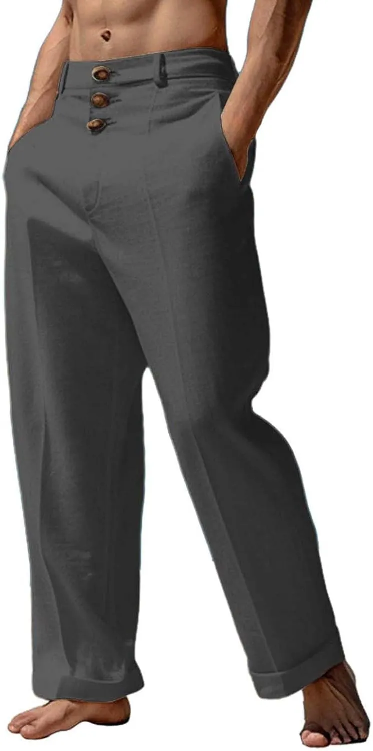 Mens 2024 Cotton Linen Pants Casual Button Down Lounge Trousers Loose Fit Beach Yoga Pants Summer Yoga Beach Long Pants