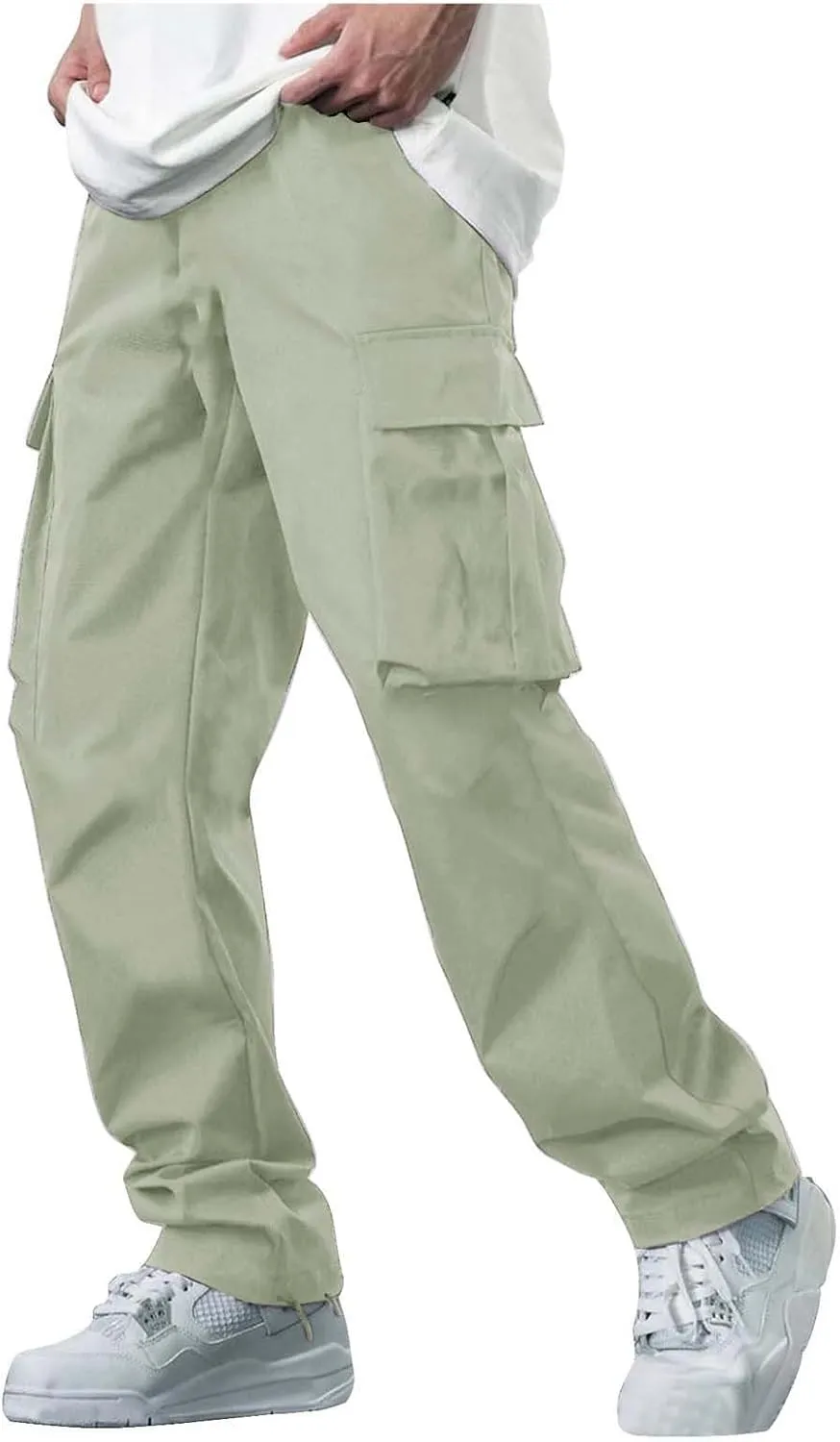 Mens Baggy Cargo Pants Casual Solid Color Plus Size Straight Leg Sweatpants Stretch Waist Hiking Jogging Trousers