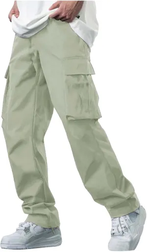 Mens Baggy Cargo Pants Casual Solid Color Plus Size Straight Leg Sweatpants Stretch Waist Hiking Jogging Trousers