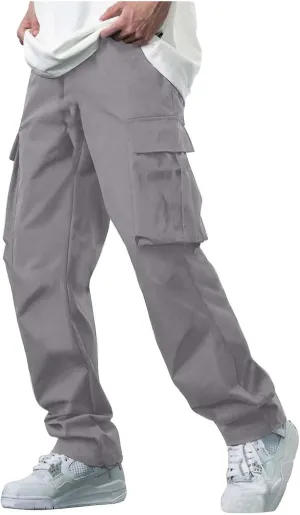 Mens Baggy Cargo Pants Casual Solid Color Plus Size Straight Leg Sweatpants Stretch Waist Hiking Jogging Trousers