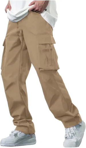Mens Baggy Cargo Pants Casual Solid Color Plus Size Straight Leg Sweatpants Stretch Waist Hiking Jogging Trousers