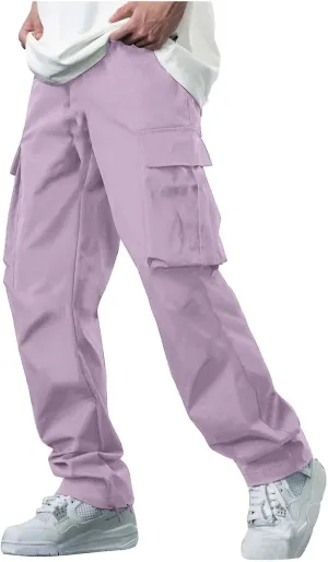 Mens Baggy Cargo Pants Casual Solid Color Plus Size Straight Leg Sweatpants Stretch Waist Hiking Jogging Trousers