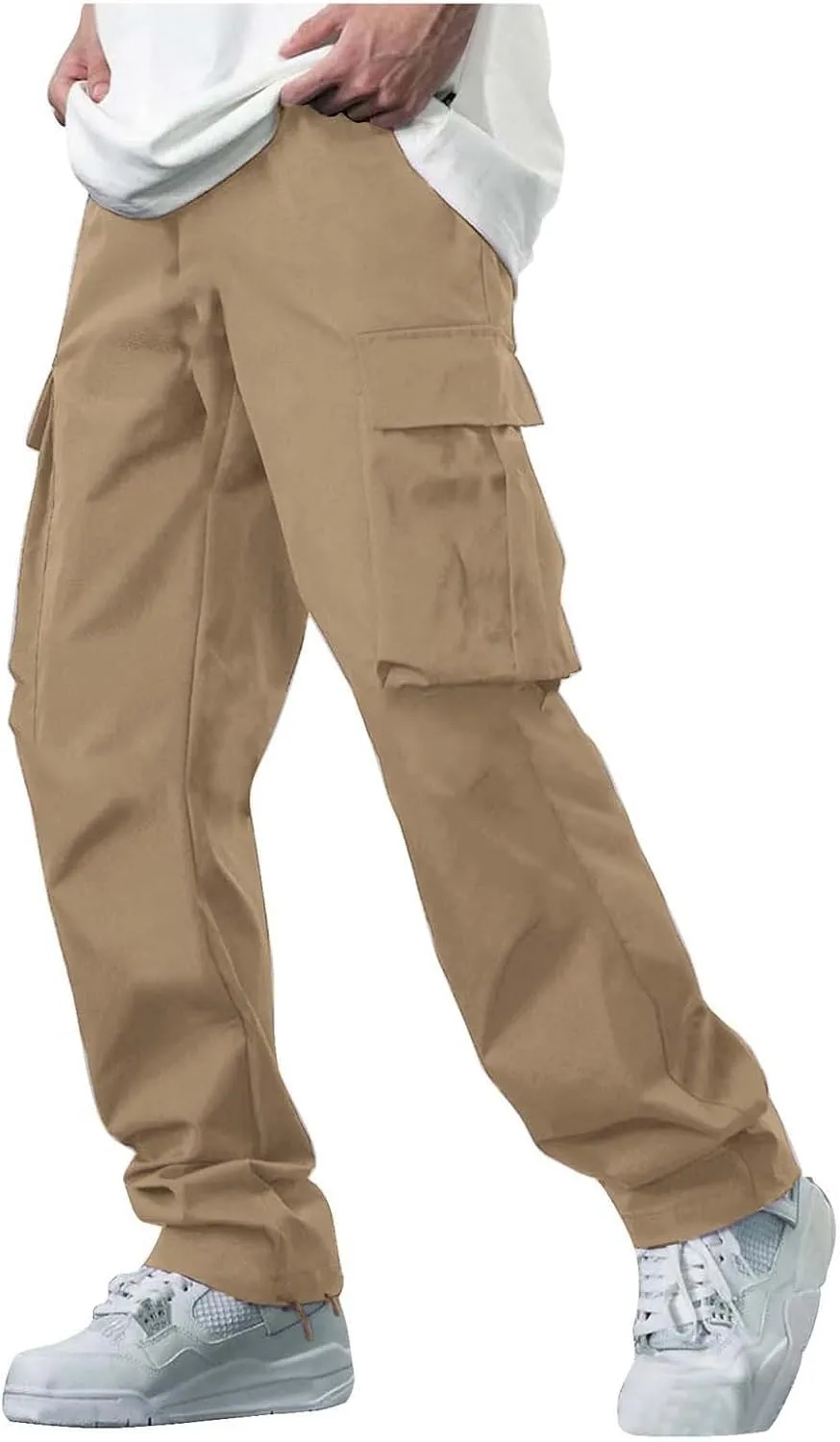 Mens Baggy Cargo Pants Casual Solid Color Plus Size Straight Leg Sweatpants Stretch Waist Hiking Jogging Trousers
