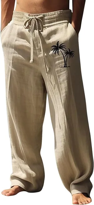 Mens Baggy Linen Hawaiian Yoga Trousers Elastic Waist Summer Wide Leg Beach Pants Lightweight Bohemian Gaucho Pants