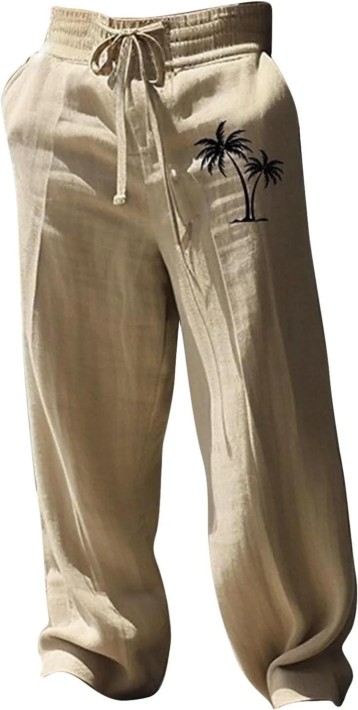 Mens Baggy Linen Hawaiian Yoga Trousers Elastic Waist Summer Wide Leg Beach Pants Lightweight Bohemian Gaucho Pants
