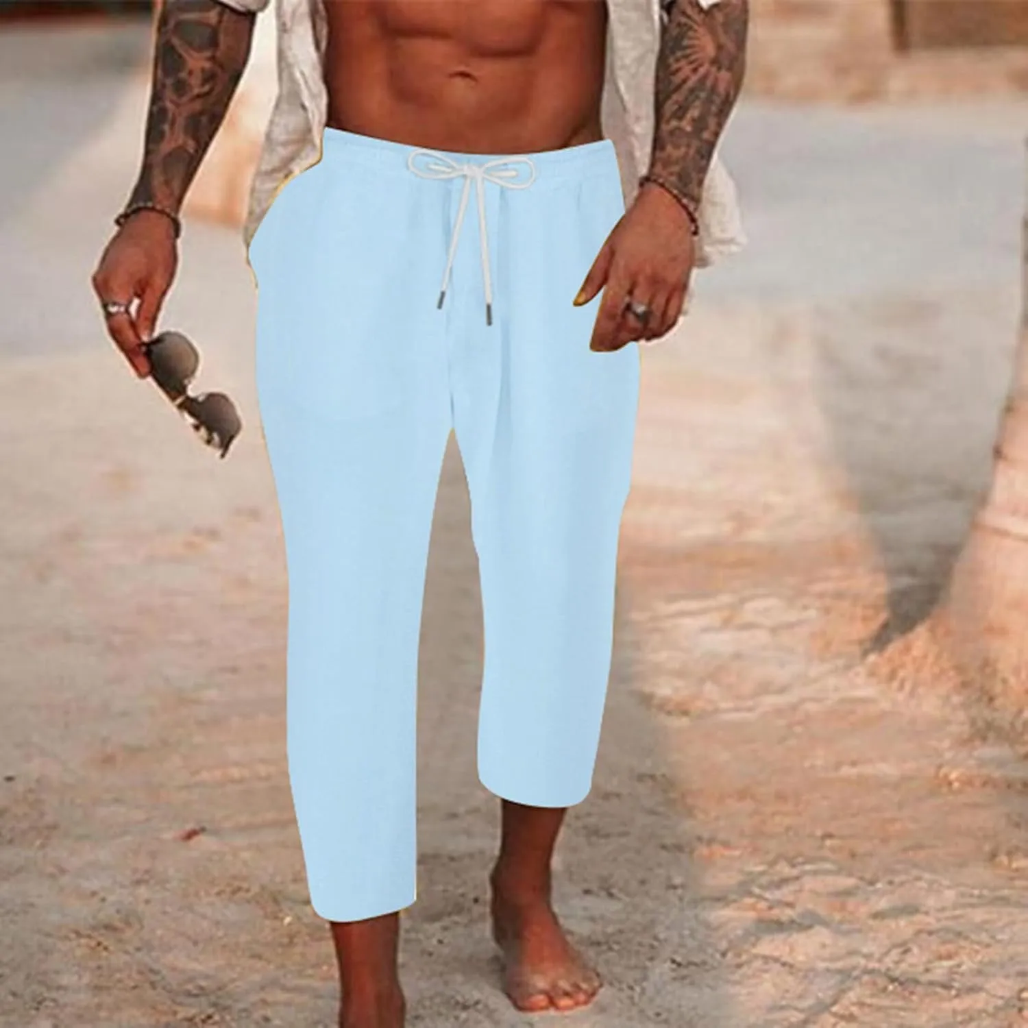Mens Casual Baggy Cotton Linen Pocket Lounge Harem Pants Beach Long Shorts
