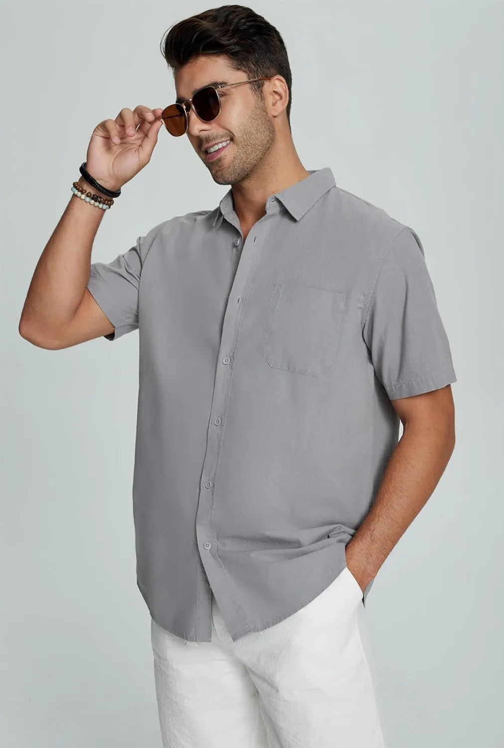 Mens Casual Linen Button Down Short Sleeve Shirts Beach Summer Spread Collar Pocket Tops