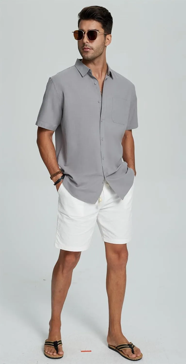 Mens Casual Linen Button Down Short Sleeve Shirts Beach Summer Spread Collar Pocket Tops