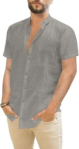 Mens Casual Linen Button Down Short Sleeve Shirts Beach Summer Spread Collar Pocket Tops