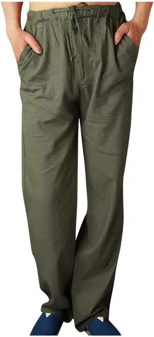 Mens Cotton Linen Pants Elastic Drawstring Waist Lightweight Summer Beach Pants Yoga Beach Pants Loose Fit Trousers