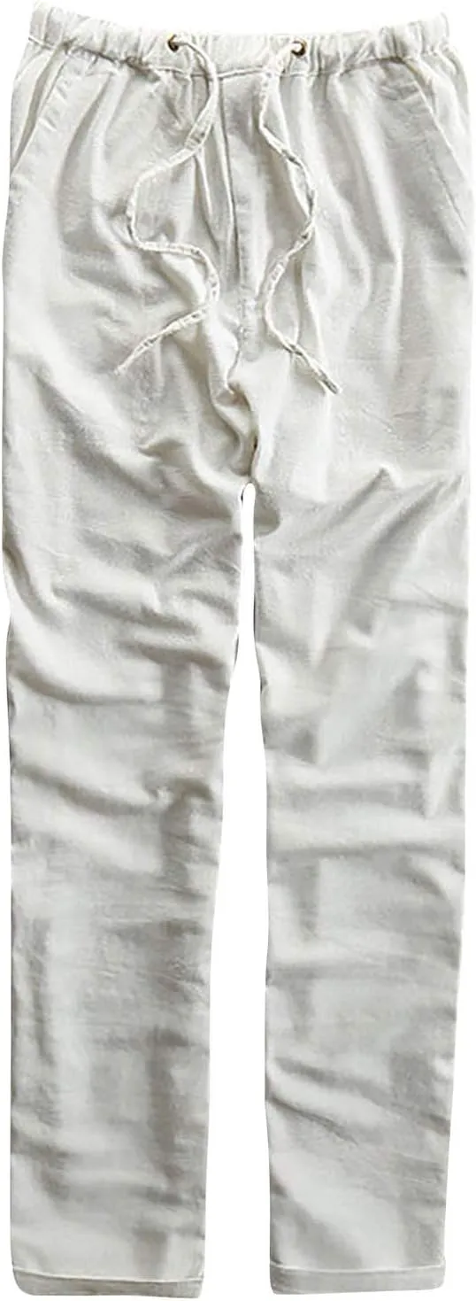 Mens Cotton Linen Pants Elastic Drawstring Waist Lightweight Summer Beach Pants Yoga Beach Pants Loose Fit Trousers