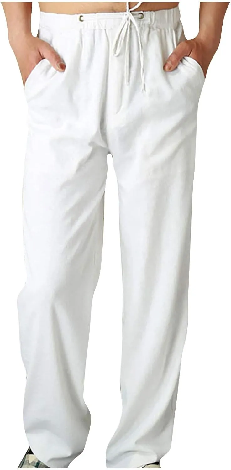 Mens Cotton Linen Pants Elastic Drawstring Waist Lightweight Summer Beach Pants Yoga Beach Pants Loose Fit Trousers