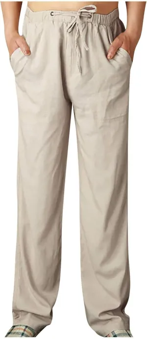 Mens Cotton Linen Pants Elastic Drawstring Waist Lightweight Summer Beach Pants Yoga Beach Pants Loose Fit Trousers
