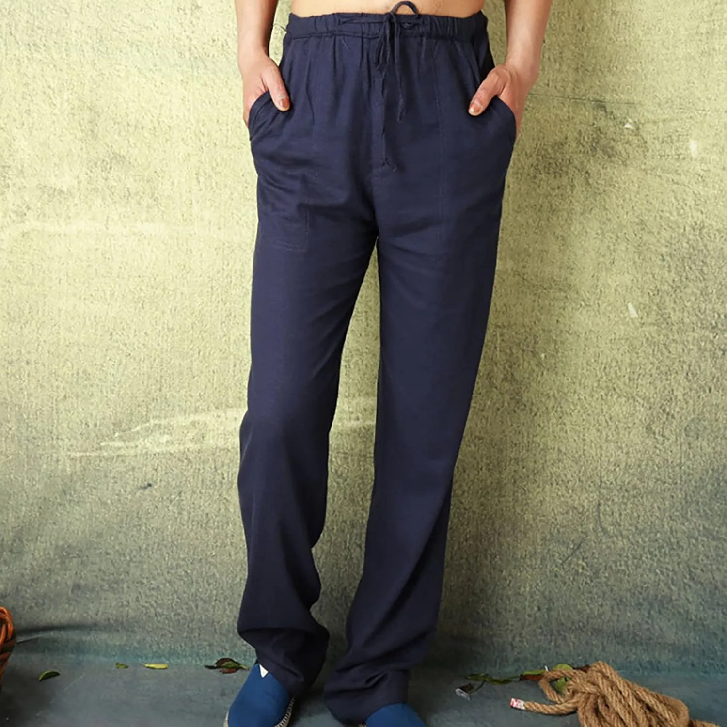 Mens Cotton Linen Pants Elastic Drawstring Waist Lightweight Summer Beach Pants Yoga Beach Pants Loose Fit Trousers