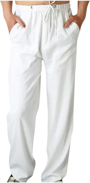 Mens Cotton Linen Pants Elastic Drawstring Waist Lightweight Summer Beach Pants Yoga Beach Pants Loose Fit Trousers