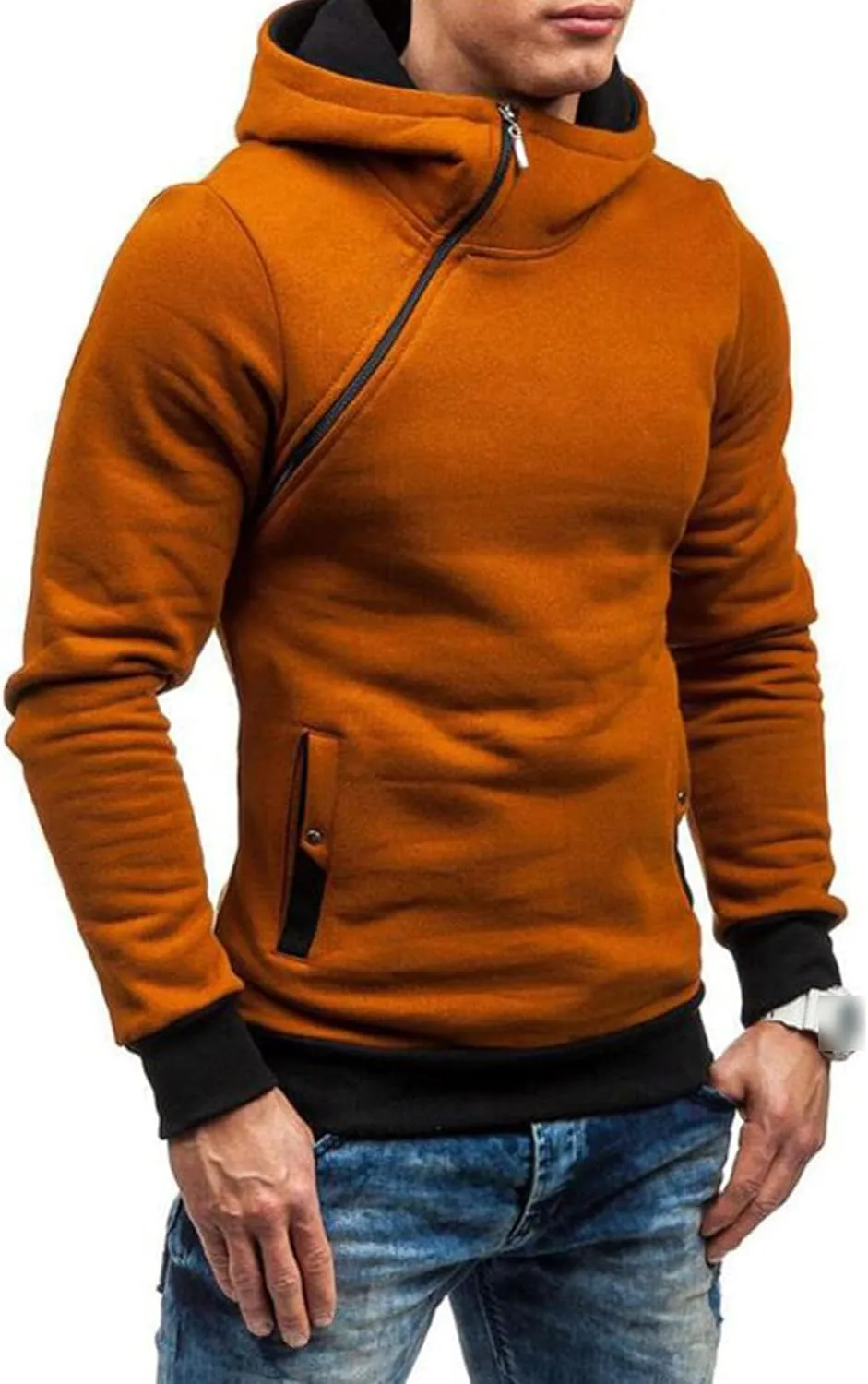 Men's Diagonal Zipper Hoodie Heavyweight Fleece Sweatshirts With Hood Long Sleeve Male Cotton Hoodie