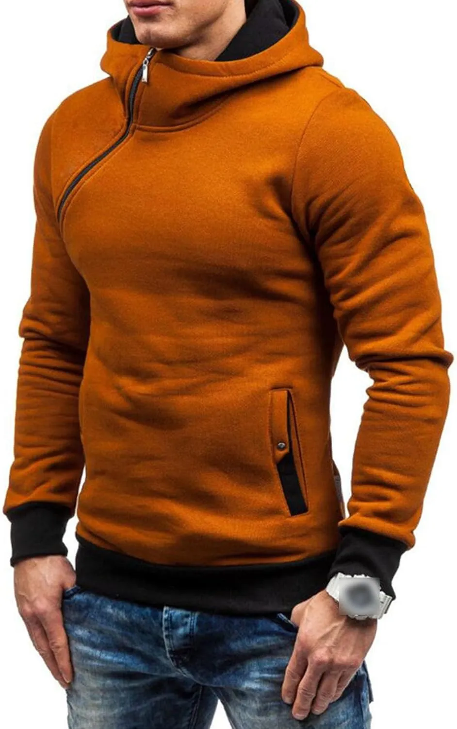 Men's Diagonal Zipper Hoodie Heavyweight Fleece Sweatshirts With Hood Long Sleeve Male Cotton Hoodie