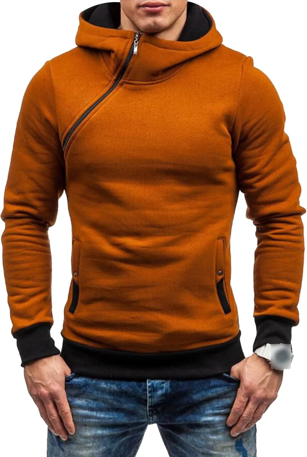 Men's Diagonal Zipper Hoodie Heavyweight Fleece Sweatshirts With Hood Long Sleeve Male Cotton Hoodie