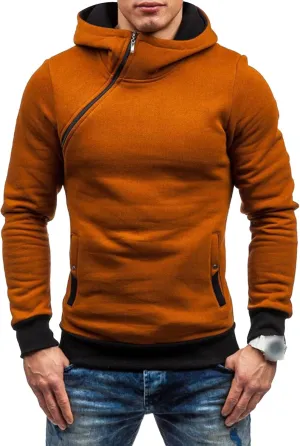 Men's Diagonal Zipper Hoodie Heavyweight Fleece Sweatshirts With Hood Long Sleeve Male Cotton Hoodie